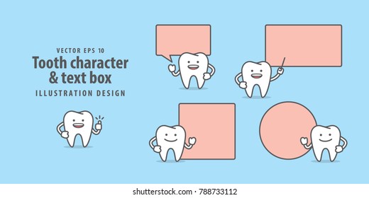 Tooth character & text box illustration vector on blue background. Dental concept.