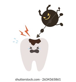 Um personagem dentário que chora depois de ser ferido por bactérias da cárie dentária.