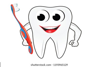 tooth character with toothbrush cartoon 