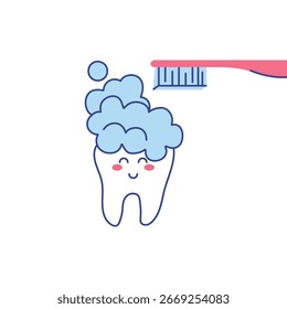 Carácter del diente con el cepillo de dientes. Ilustración plana de Vector de emoji de diente.