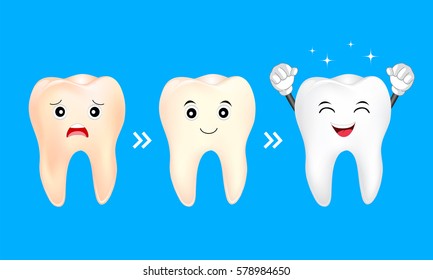 Tooth character whitening. Yellow and white teeth. Dental care concept, illustration isolated on blue background.