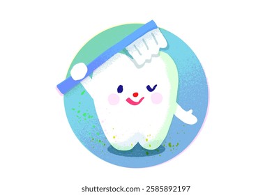 Tooth characters holding toothbrush and brushing. Dental concept