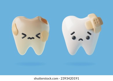 Tooth characters with medical patch or plaster, isolated 3d vector illustration. Realistic white dental, medicine and health concept design element. Icon or clipart of teeth.