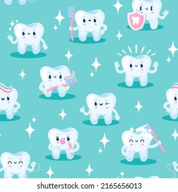 Patrón de caracteres dentales. Impresión sin foco con mascota de caricaturas de odontología con caras lindas, concepto de salud dental y oral. Textura vectorial. Protección de los dientes con protección y frescura