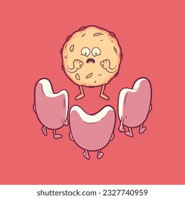 Tooth characters scaring a cookie vector illustration. Hygiene, funny, mascot design concept.