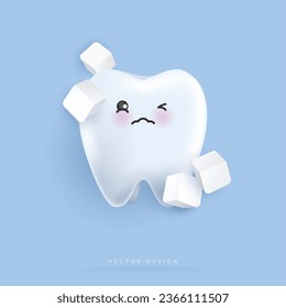 Tooth characters with sugar is feel bad. unhealthy teeth plaque and caries hole with candy. Illustration for children. dental and dentistry concept. vector design.