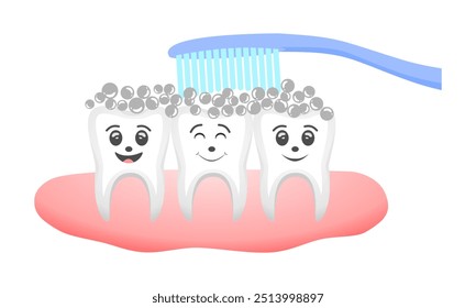 Caracteres de dientes con cepillo de dientes, dientes sanos que siempre se cepillan. Ilustración vectorial aislada sobre fondo blanco.