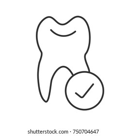 Tooth with checkmark linear icon. Healthy teeth. Thin line illustration. Dentistry. Contour symbol. Vector isolated outline drawing