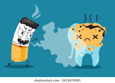 Tooth and cigarette characters. Vector flat cartoon illustration