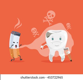 Tooth and cigarette characters. Vector flat cartoon illustration