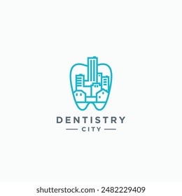 Tooth and city abstract line art outline logo design. Dental logo vector illustration