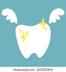 Limpieza dental y brillo con la ilustración vectorial de las alas. El concepto de íconos e instalaciones médicas para la atención de la salud. Diseño vectorial de las alas dentarias y de pájaro del dentista. Un diente alegre después de un dentista con alas