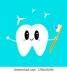 tooth clean and white cartoon character with a cute smile holds a brush in his hand an object on a blue background concept of hygiene and dentistry
