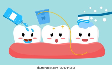 Zahnreinigung Aktivitäten Charakter Cartoon. Zahnpflege, Mundwäsche und Zahnseide in flacher Ausführung. Zahnpflege-Konzept, Vektorgrafik.