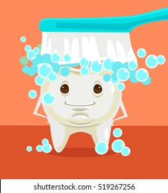 Tooth cleaning. Happy smiling tooth character. Vector flat cartoon illustration