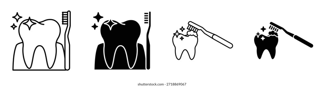 Icono de limpieza de dientes en paquete de estilo lineal y Clipart sobre fondo blanco.