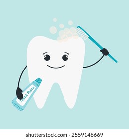 Tooth cleaning itself with toothbrush. Vector cartoon character of tooth with toothpaste and toothbrush. Illustration for children's dentistry, posters with oral hygiene concept, eps 10. Colored cute