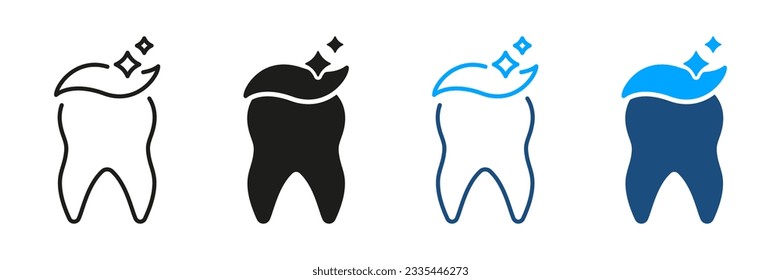 Juego de símbolos de limpieza dental e icono de línea. Tratamiento dental, dientes sanos y limpios. Higiene dental con pictograma de pasta dental. Colección de símbolos ortodoncistas de la sanidad. Ilustración de vectores aislados.