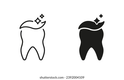 Juego de símbolos de limpieza dental e icono de línea. Higiene dental con pictograma de pasta dental. Colección de símbolos ortodoncistas de la sanidad. Tratamiento dental, dientes sanos y limpios. Ilustración de vectores aislados.