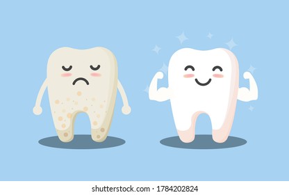 Tooth cleaning. Teeth characters before and after whitening. Cartoon tooth before and after cleaning or whitening or dental procedures. Vector, illustration, eps, flat design, cartoon 