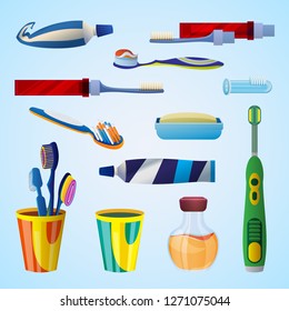 Tooth cleaning tool concept background. Cartoon illustration of tooth cleaning tool vector concept background for web design