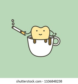 tooth in coffee cup with cigarette, plaque and yellow teeth concept - dental cartoon vector flat style cute character for design