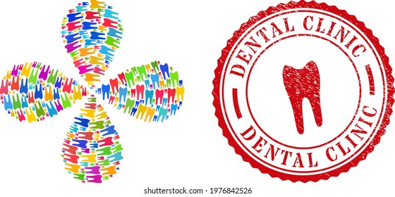 Tooth colored exploding abstract flower, and red round DENTAL CLINIC unclean stamp seal. Tooth symbol inside round badge. Element twist combined from scattered tooth items.