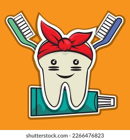 Tooth colored vector graphics, tooth in a bandage, logo, postcard. Toothbrush and paste