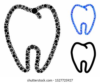 Tooth composition of round dots in variable sizes and shades, based on tooth icon. Vector round dots are organized into blue composition. Dotted tooth icon in usual and blue versions.