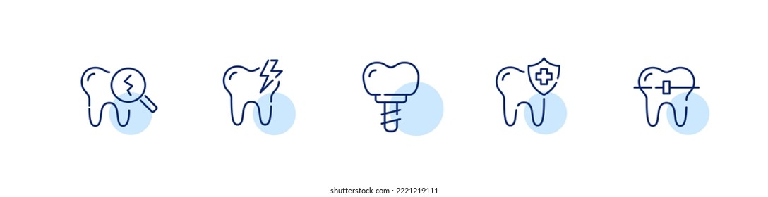 Tooth condition and dental treatments. Cracks, toothache, implant and braces. Pixel perfect, editable stroke line icons