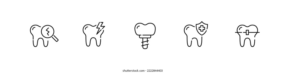 Tooth condition and dental treatments. Cracks, toothache, implant and braces. Pixel perfect, editable stroke icons