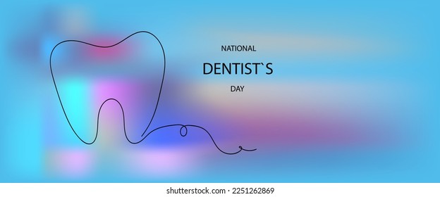  tooth continuous line art. National dentist day poster, flyer.Vector doodle cartoon illustration.