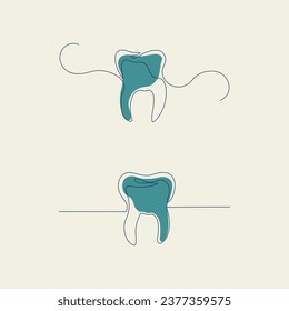 Tooth in continuous line drawing in modern flat style. Trendy teeth lineart