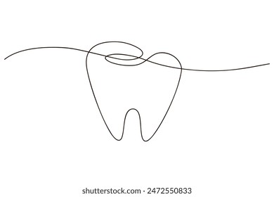 Tooth continuous one line icon drawing on white background. Health care medicine symbol vector illustration in doodle style. Tooth contour linear sign design