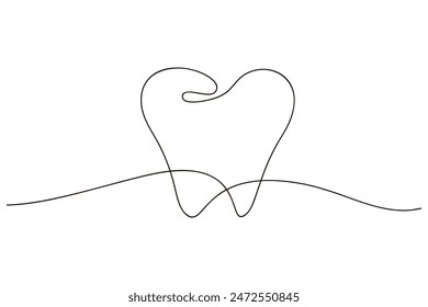 Icono continuo de una línea de diente dibujado sobre fondo blanco. Símbolo de medicina de la salud Ilustración vectorial en estilo doodle. Diseño de signo lineal de contorno dental