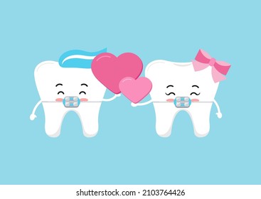 Tooth couple with braces in love and hearts in hand. Happy Valentines Day teeth in brackets holds pink heart for dentist greeting. Flat design cartoon funny dental character vector illustration. 