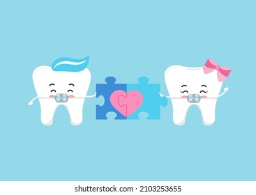 Tooth couple in brackets with two puzzle pieces  forming heart. Happy Valentines Day teeth in braces holds jigsaw parts for dentist greeting. Flat design cartoon dental character vector illustration.
