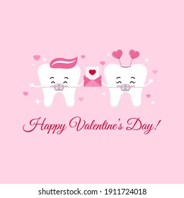 Tooth couple in love with braces. Happy Valentines Day teeth holds love letter with hearts and sparkles for dentist greeting card. Flat design cartoon funny dental character vector illustration. 