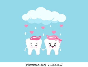 Tooth couple in love and cloud with heart rain. Happy Valentines Day teeth hold each other's hands in heart shower. Flat design cartoon funny dental character vector illustration. 