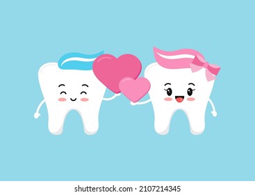 Tooth couple in love with hearts in hand. Happy Valentines Day cute teeth holds pink hearts. Flat design cartoon funny dental character vector illustration. 