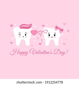 Pareja dental enamorada de corazones y destellos. Feliz día de San Valentín niño envía un beso y sostiene lentes de forma de corazón y corazón de niña. Dibujo de diseño plano divertida ilustración vectorial de carácter dental. 