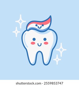 The tooth are covered paste. Sketchy character, image of brushing teeth, promoting dental health and oral hygiene. Emphasizing the importance of protecting enamel and preventing tooth decay.