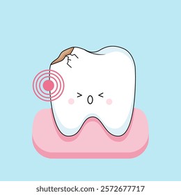 A tooth with a crack and caries. The concept of toothache and dental treatment in children. Cute kawaii character