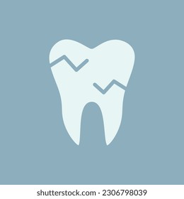 Tooth with a crack icon. Colored. Cracked enamel. Isolated on blue background.