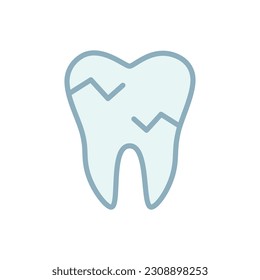 Tooth with a crack icon.Colored sign. Cracked enamel. Isolated on white background.