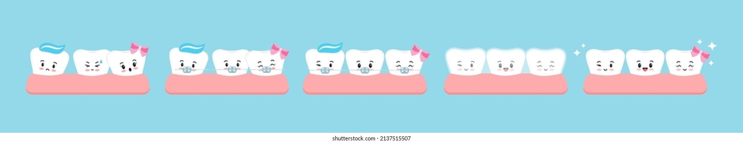 Tooth crooked, with dental braces stage, mouth guard in gym cute kawaii character. Dental braces on emoji white teeth orthodontic bracket correction treatment concept. Vector kids teeth illustration.