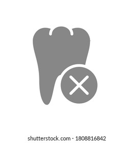 Tooth with cross checkmark gray icon. Diseased organ symbol