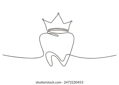 Diente con corona de dibujo continuo de una línea sobre fondo blanco. Símbolo de medicina de la salud Ilustración vectorial en estilo doodle. Diseño de signo lineal de contorno dental