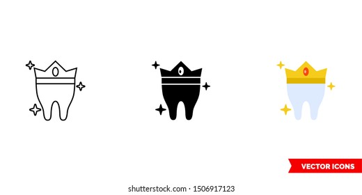 Tooth in the crown icon of 3 types: color, black and white, outline. Isolated vector sign symbol.
