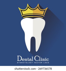 Tooth with a Crown and long shadow on a Blue Background, Stomatology Clinic Icon, Dental Treatment Logo, Tooth Medical healthcare, Dental Symbol, Tooth Modern Flat Design - Tooth Vector Illustration